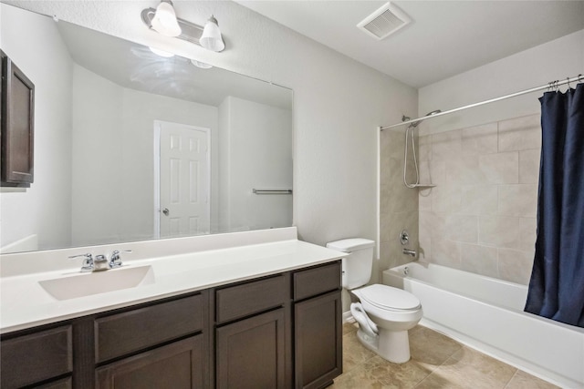 full bathroom with vanity, visible vents, shower / bath combination with curtain, tile patterned floors, and toilet