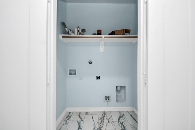 washroom featuring marble finish floor, washer hookup, hookup for a gas dryer, baseboards, and hookup for an electric dryer