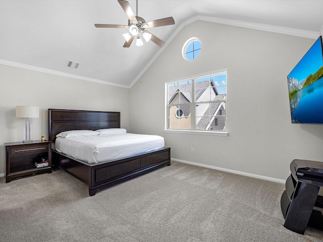 carpeted bedroom with a ceiling fan, baseboards, visible vents, ornamental molding, and vaulted ceiling