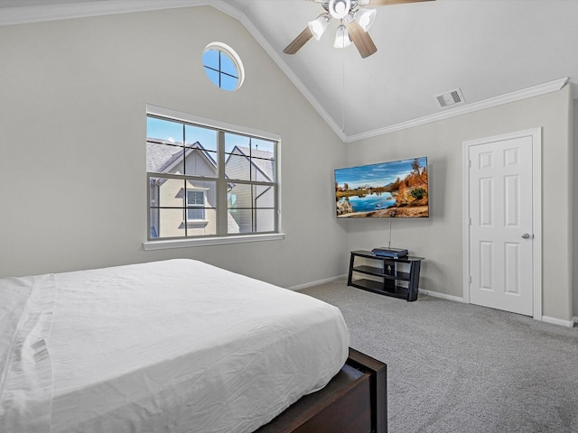 carpeted bedroom featuring crown molding, baseboards, visible vents, and ceiling fan