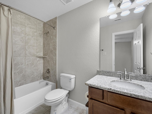 bathroom with visible vents, shower / bath combination with curtain, toilet, and vanity