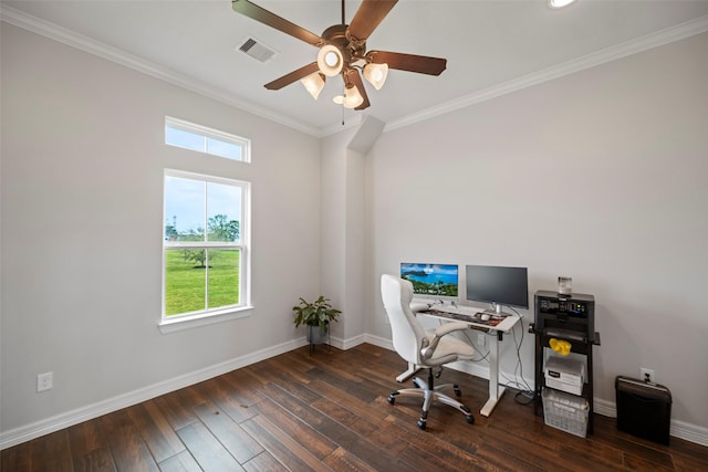 home office featuring hardwood / wood-style flooring, crown molding, baseboards, and ceiling fan