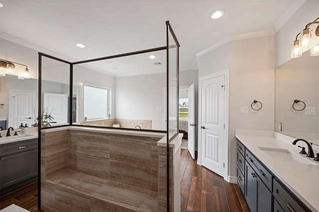 full bathroom featuring a sink, wood finished floors, and crown molding