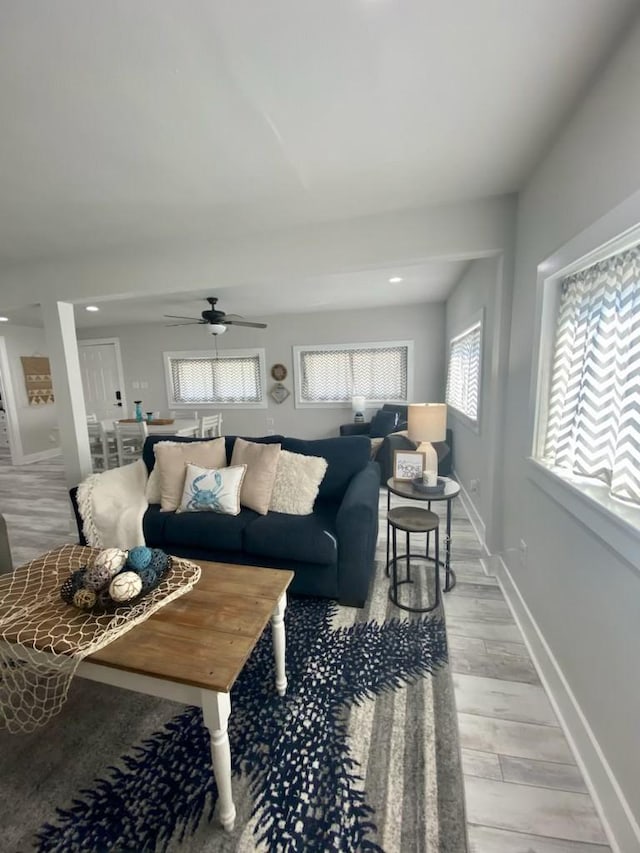 living room with a wealth of natural light, light wood-style flooring, baseboards, and ceiling fan