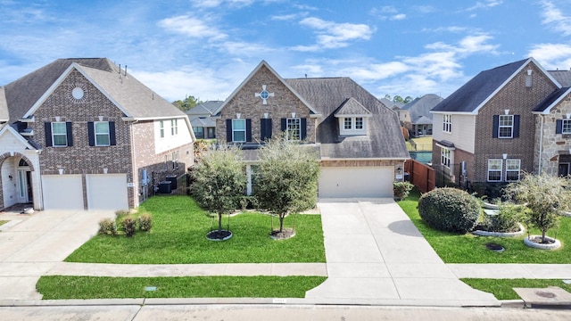 traditional-style house featuring brick siding, a front lawn, an attached garage, and driveway