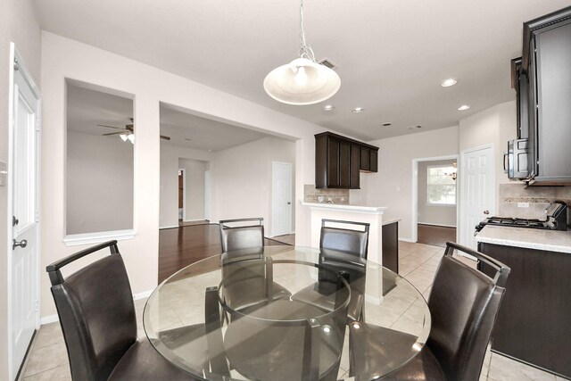 dining area featuring visible vents, baseboards, ceiling fan, light tile patterned floors, and recessed lighting