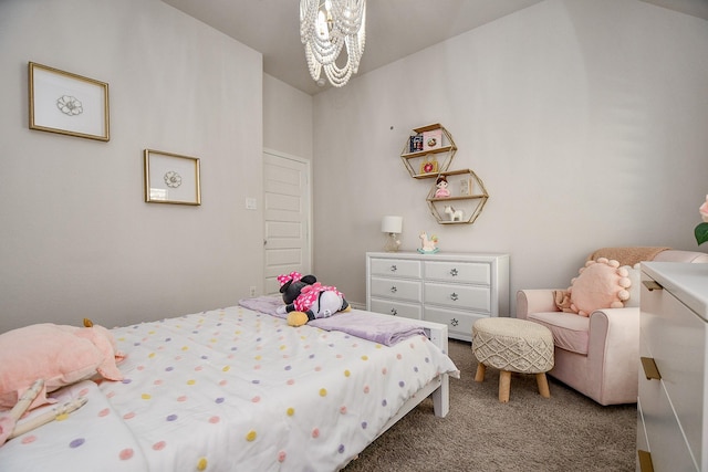 bedroom with carpet flooring and a chandelier