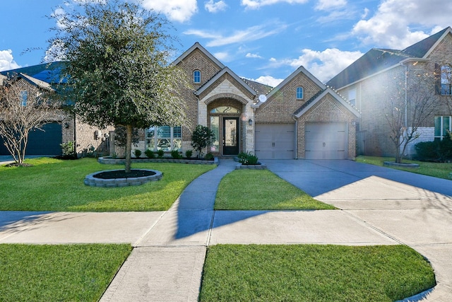 view of front of home featuring stone siding, brick siding, concrete driveway, and a front yard