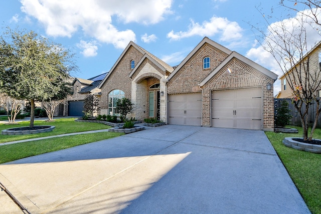 french country inspired facade with a front lawn, concrete driveway, a garage, stone siding, and brick siding