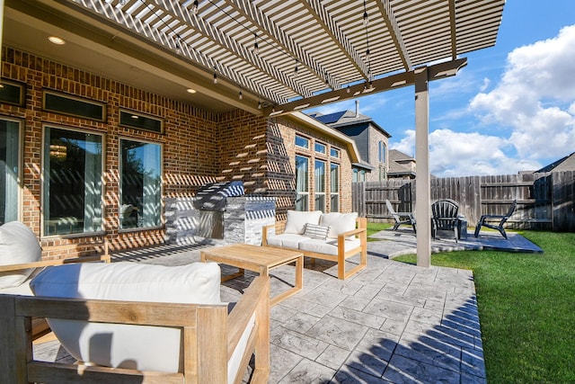 view of patio / terrace with a pergola, outdoor lounge area, and fence