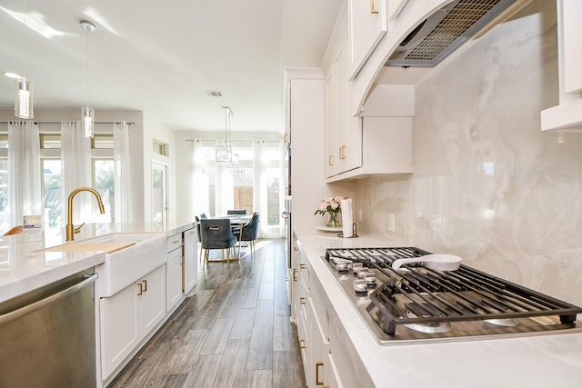 kitchen with ventilation hood, wood finished floors, a sink, decorative backsplash, and appliances with stainless steel finishes