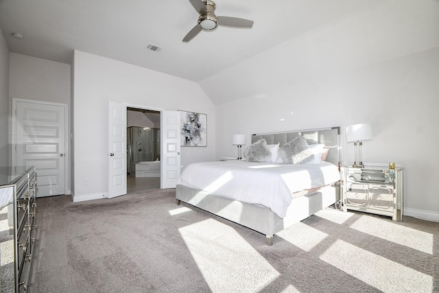 bedroom featuring vaulted ceiling, carpet, visible vents, and baseboards