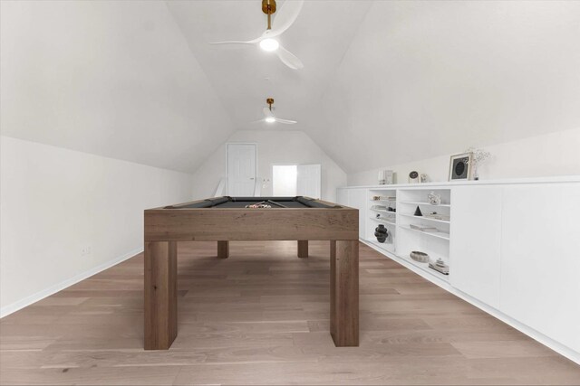 game room featuring light wood finished floors, pool table, baseboards, lofted ceiling, and a ceiling fan