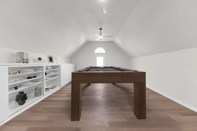 recreation room featuring ceiling fan, wood finished floors, pool table, and vaulted ceiling