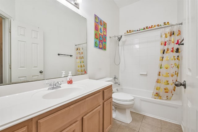 full bathroom featuring tile patterned floors, toilet, vanity, and shower / bath combination with curtain