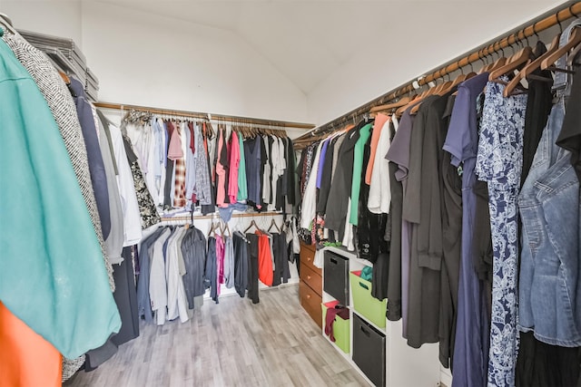 spacious closet with wood finished floors and vaulted ceiling