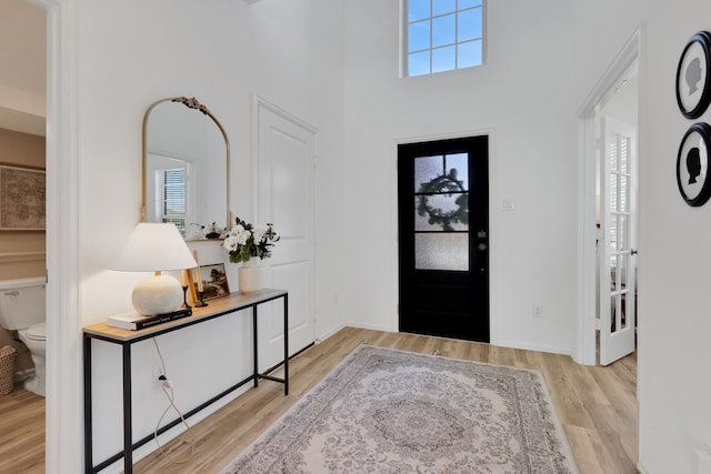 entryway featuring plenty of natural light, wood finished floors, and a towering ceiling