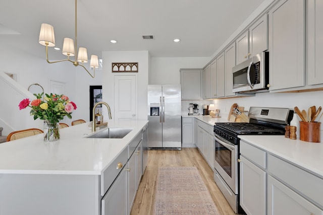 kitchen with visible vents, gray cabinetry, light countertops, appliances with stainless steel finishes, and a sink