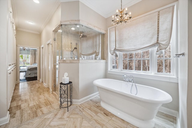 8521 Burkhart Rd, Spring Valley Village, TX 77055 - ensuite bathroom featuring ensuite bathroom, a walk in shower, crown molding, baseboards, and a soaking tub