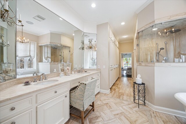 8521 Burkhart Rd, Spring Valley Village, TX 77055 - full bathroom with baseboards, walk in shower, a chandelier, ornamental molding, and recessed lighting