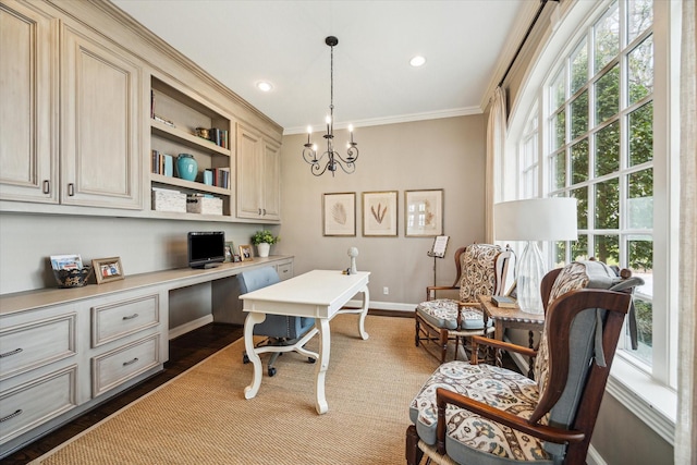 8521 Burkhart Rd, Spring Valley Village, TX 77055 - office space with baseboards, built in study area, recessed lighting, ornamental molding, and dark wood-type flooring