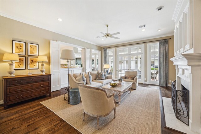 8521 Burkhart Rd, Spring Valley Village, TX 77055 - living room featuring visible vents, dark wood-type flooring, crown molding, and ceiling fan