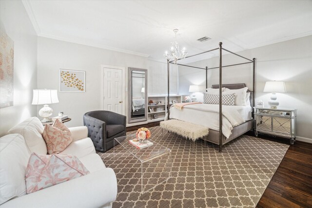 8521 Burkhart Rd, Spring Valley Village, TX 77055 - bedroom featuring wood finished floors, visible vents, baseboards, crown molding, and a notable chandelier