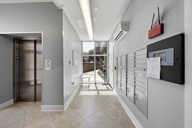 hallway featuring a wall mounted air conditioner, mail area, elevator, light tile patterned floors, and baseboards