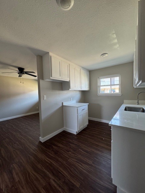4706 Yellowstone Blvd, Houston, TX 77021 - kitchen featuring dark wood finished floors, ceiling fan, a sink, light countertops, and white cabinets