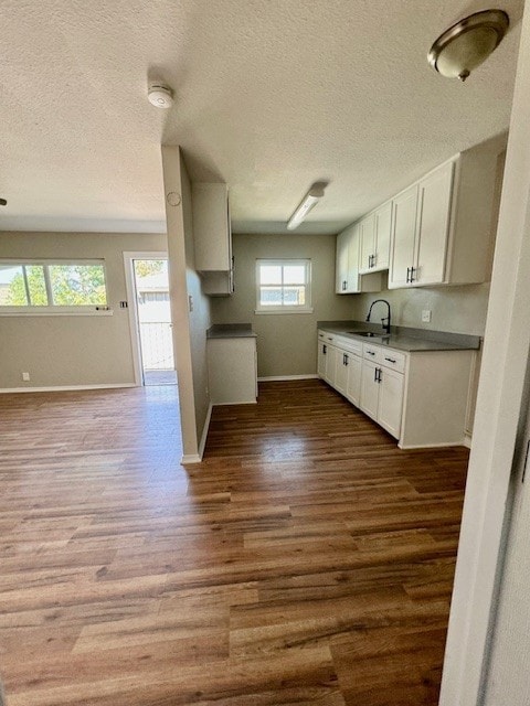 4706 Yellowstone Blvd, Houston, TX 77021 - kitchen featuring a sink, baseboards, open floor plan, and dark wood finished floors