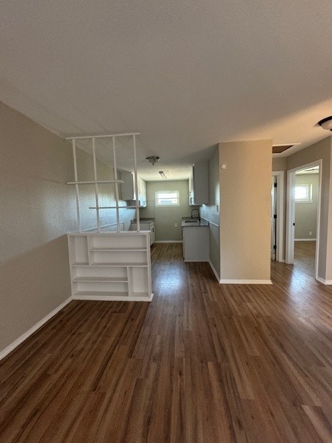4706 Yellowstone Blvd, Houston, TX 77021 - unfurnished living room with baseboards, dark wood-style flooring, and a sink