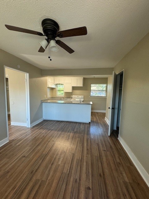 4706 Yellowstone Blvd, Houston, TX 77021 - kitchen with white cabinetry, a peninsula, dark wood-style flooring, and ceiling fan