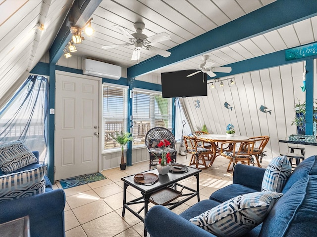 109 Beach Dr, Surfside Beach, TX 77541 - living area with wooden walls, light tile patterned floors, beam ceiling, a wall mounted AC, and ceiling fan