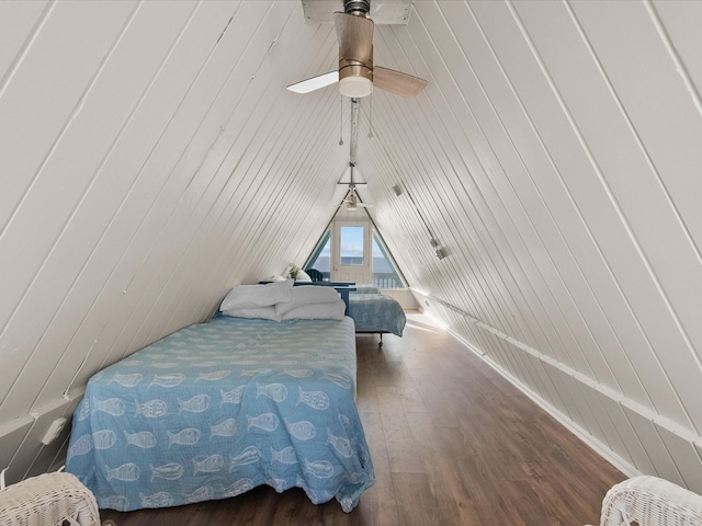 109 Beach Dr, Surfside Beach, TX 77541 - bedroom with ceiling fan, vaulted ceiling, and wood finished floors