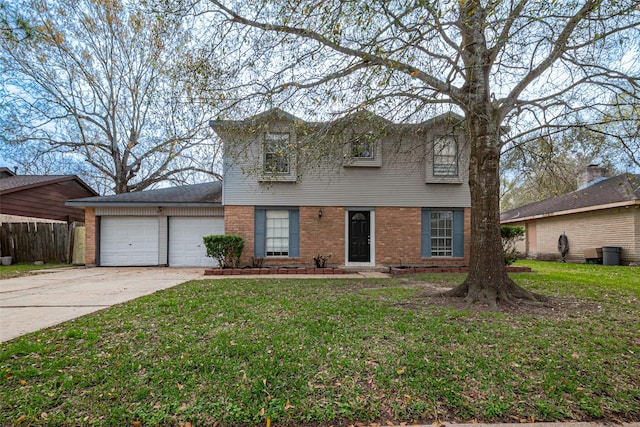 view of front of home featuring brick siding, a front lawn, a garage, and concrete driveway