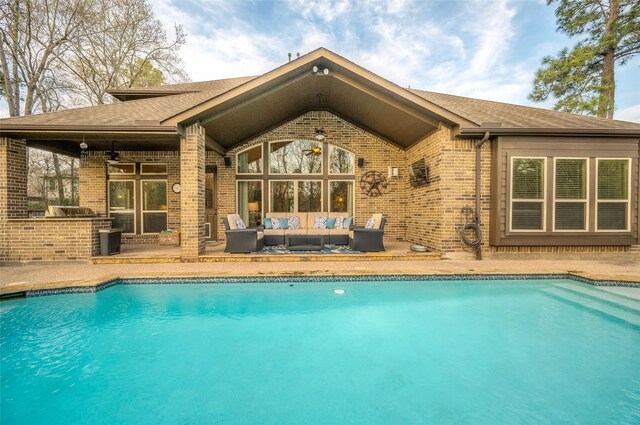 5802 Vineyard Creek Ln, Porter, TX 77365 - outdoor pool featuring an outdoor living space, a patio area, an outdoor kitchen, and a ceiling fan