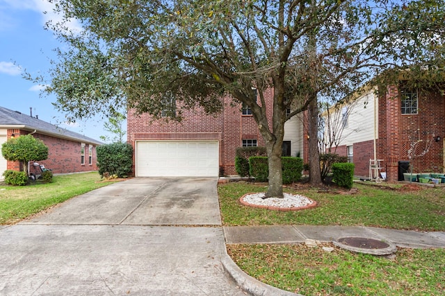 view of front of property featuring concrete driveway, an attached garage, brick siding, and a front lawn