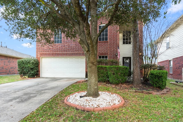 view of front facade with driveway, brick siding, and an attached garage