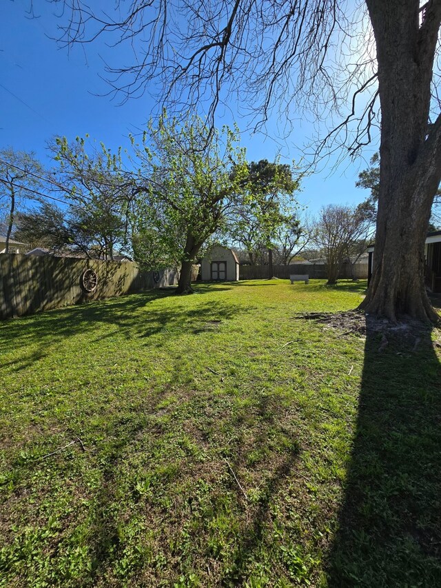 view of yard with an outdoor structure, a fenced backyard, and a storage shed
