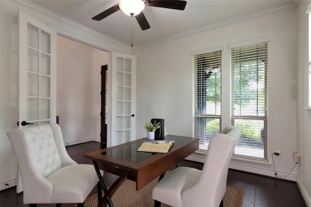 dining area featuring plenty of natural light, ornamental molding, french doors, and dark wood-style floors