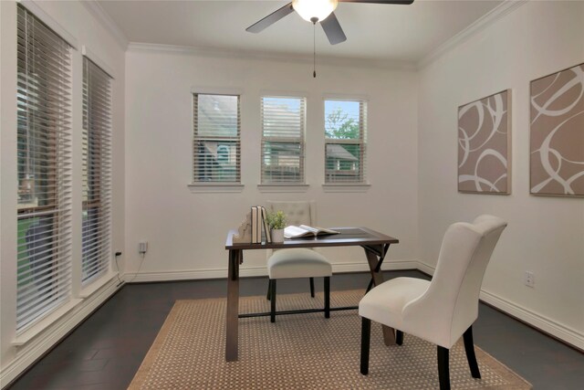 home office with crown molding, baseboards, and ceiling fan