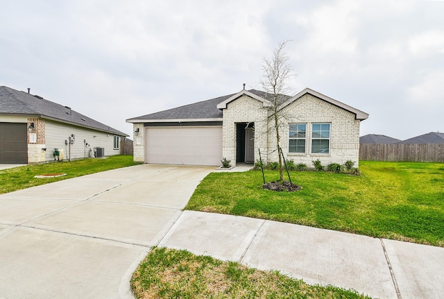 single story home with central AC, concrete driveway, a front yard, a garage, and brick siding