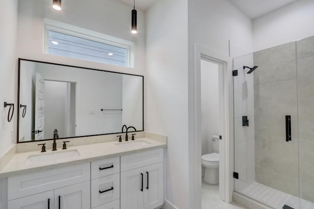 full bathroom with double vanity, a shower stall, toilet, and a sink