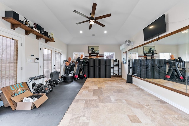 exercise room featuring baseboards, ceiling fan, and recessed lighting