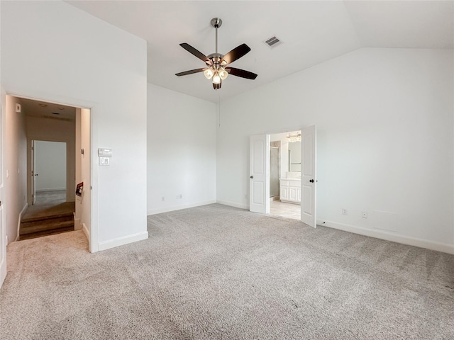 unfurnished bedroom featuring visible vents, high vaulted ceiling, carpet flooring, baseboards, and ceiling fan