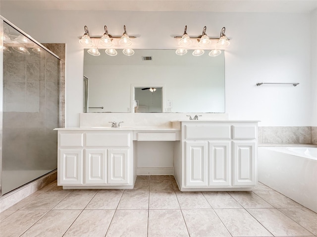 bathroom featuring tile patterned floors, visible vents, a garden tub, a stall shower, and double vanity