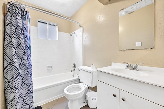 8639 Pearl Point St, Houston, TX 77044 - full bathroom with vanity, shower / bath combo with shower curtain, tile patterned flooring, a textured ceiling, and a textured wall