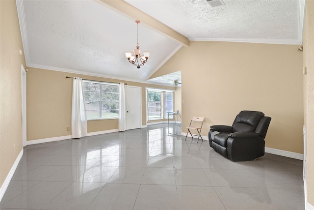 8639 Pearl Point St, Houston, TX 77044 - living area featuring a chandelier, a textured ceiling, tile patterned flooring, and ornamental molding