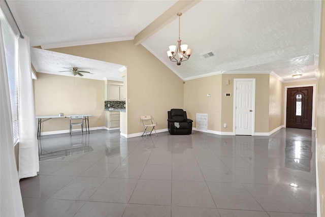 8639 Pearl Point St, Houston, TX 77044 - living area featuring a ceiling fan, a chandelier, crown molding, a textured ceiling, and tile patterned floors