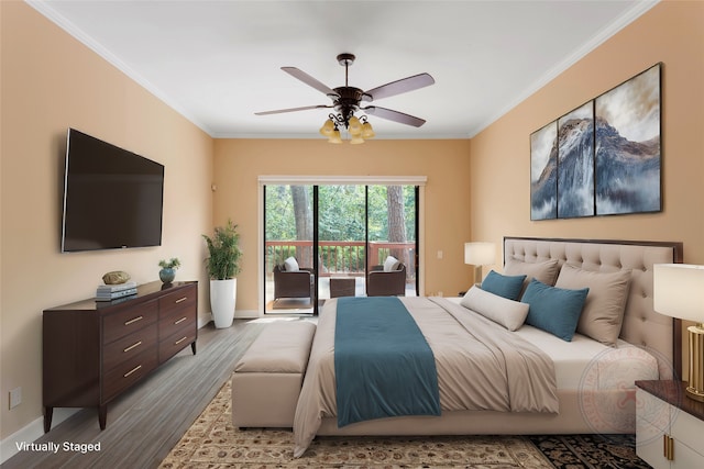 148 Sugarberry Cir, Houston, TX 77024 - bedroom featuring crown molding, access to outside, wood finished floors, and ceiling fan